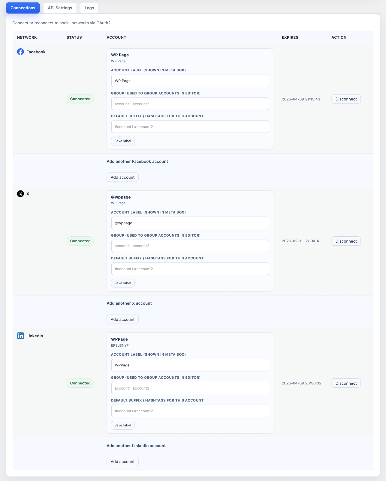 Connections screen with Facebook, X and LinkedIn accounts