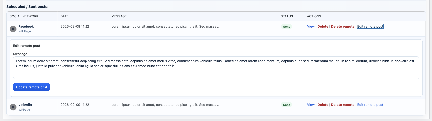 Inline remote post editing panel