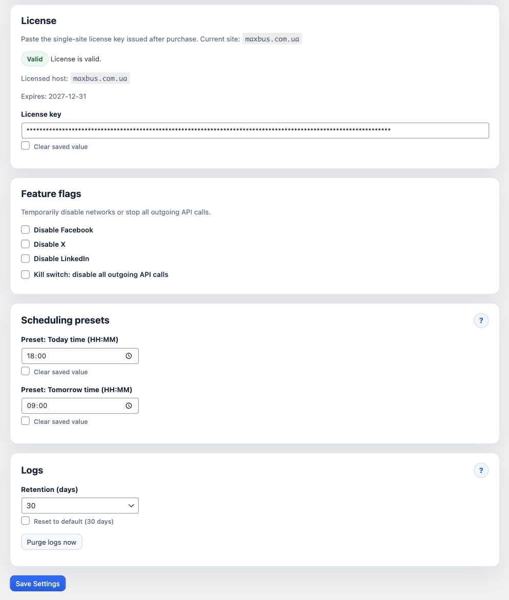 License and feature flags in plugin settings
