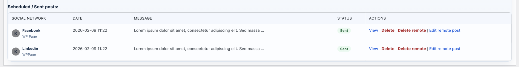 Scheduled and sent posts table with actions